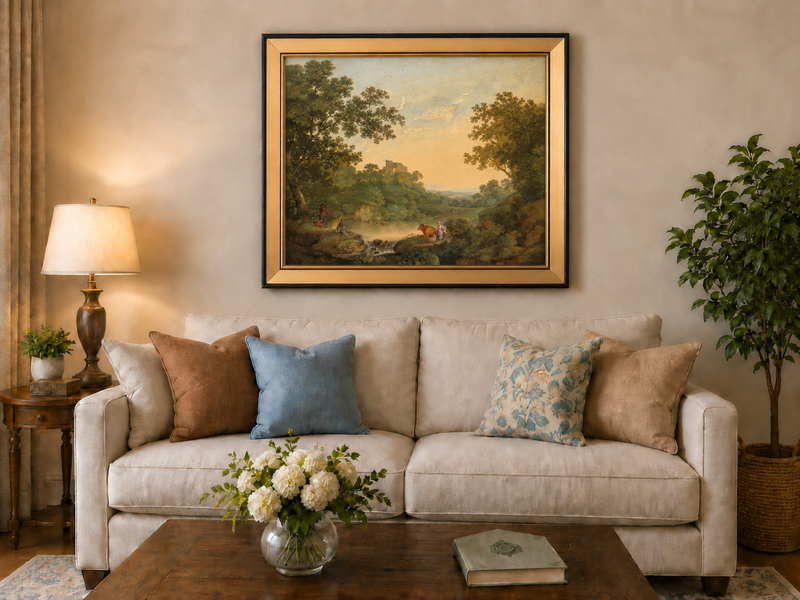 Peinture à l'huile de paysage - Gouffre rocheux spectaculaire avec personnages