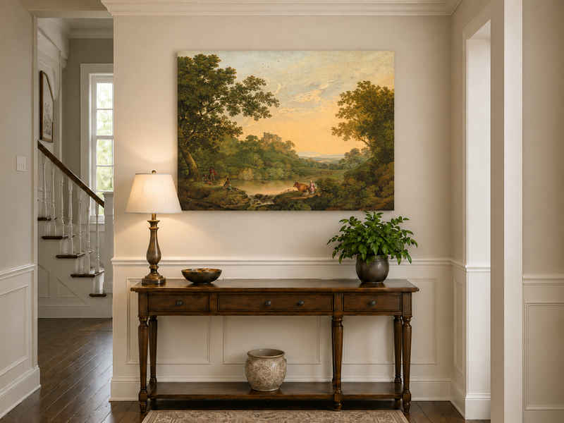 Peinture à l'huile de paysage - Gouffre rocheux spectaculaire avec personnages