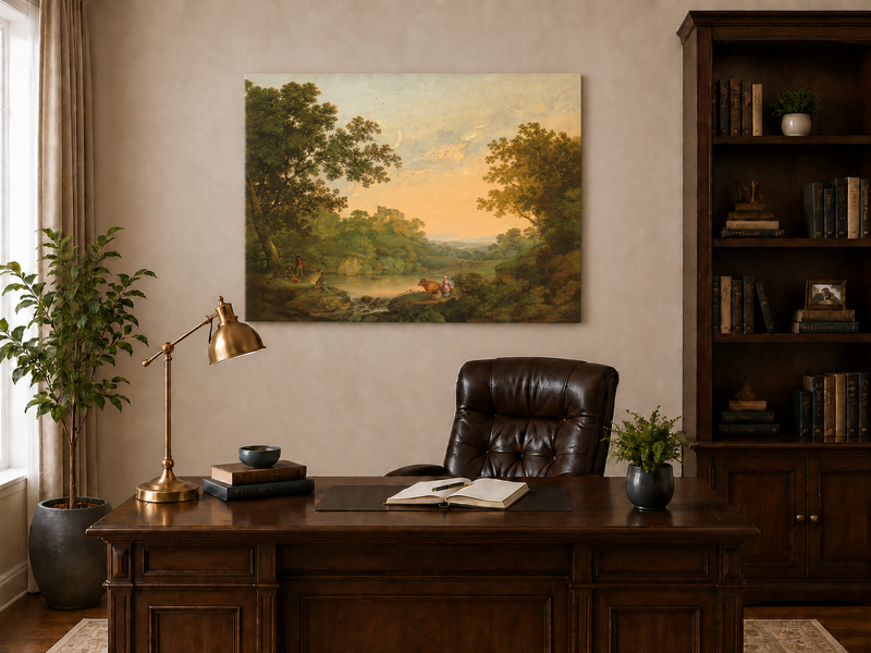 Peinture à l'huile de paysage - Gouffre rocheux spectaculaire avec personnages