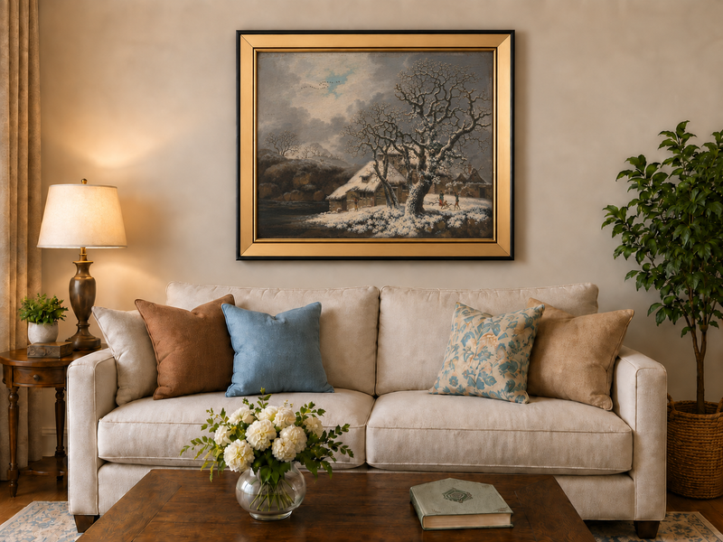 Peinture à l'huile de paysage - Gouffre rocheux spectaculaire avec personnages