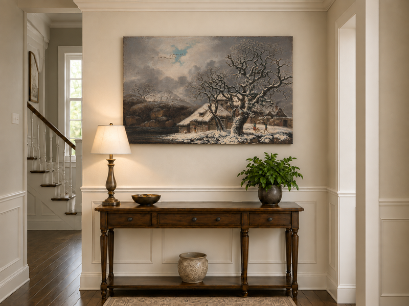 Peinture à l'huile de paysage - Gouffre rocheux spectaculaire avec personnages