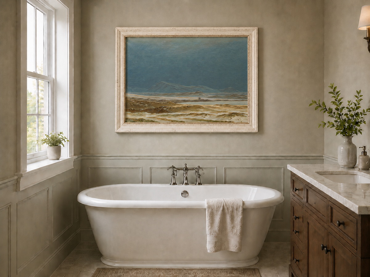 Landscape Oil Painting - Stormy Coastal Dunes, Distant Mountains