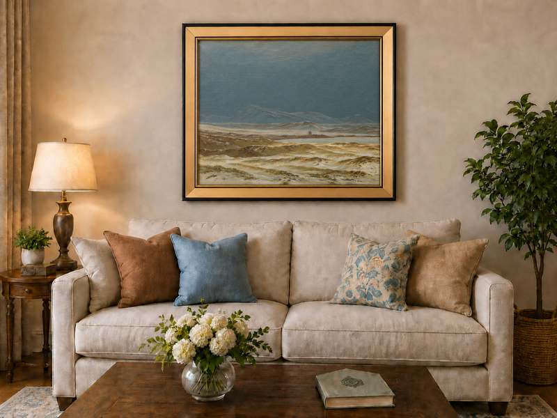 Landscape Oil Painting - Stormy Coastal Dunes, Distant Mountains