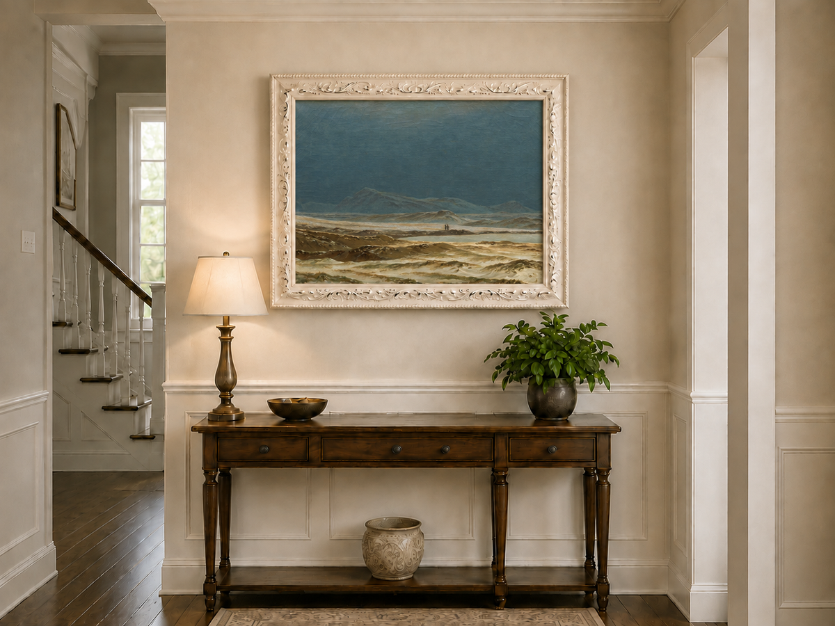 Landscape Oil Painting - Stormy Coastal Dunes, Distant Mountains