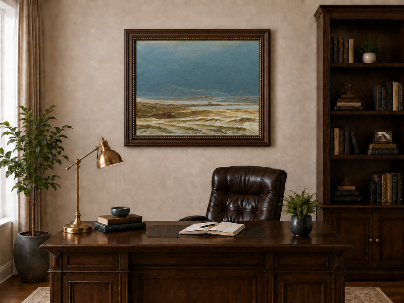 Landscape Oil Painting - Stormy Coastal Dunes, Distant Mountains