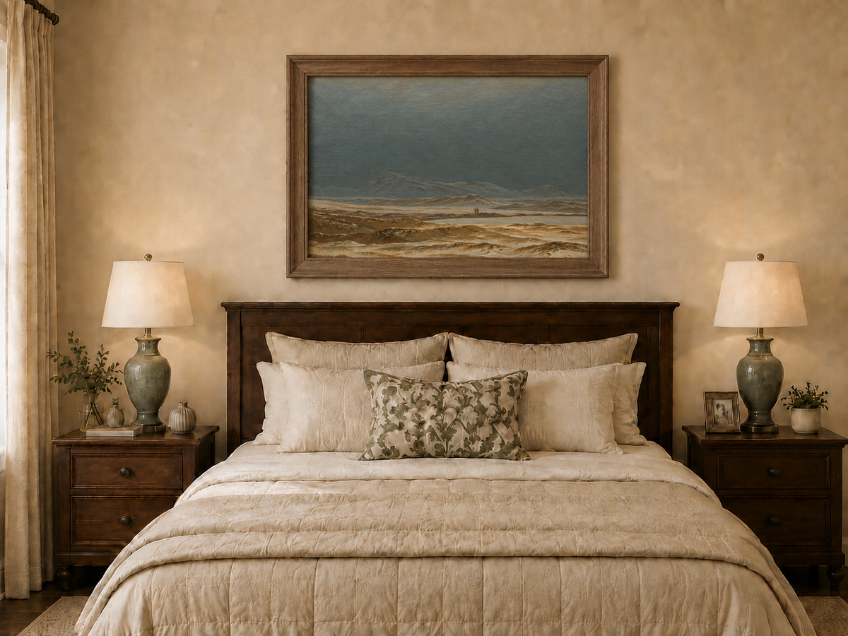 Landscape Oil Painting - Stormy Coastal Dunes, Distant Mountains