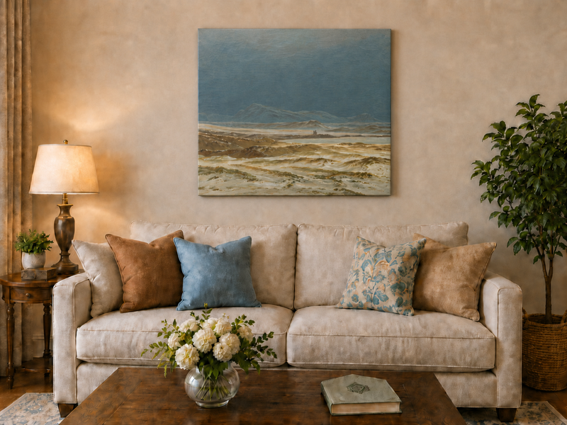 Landscape Oil Painting - Stormy Coastal Dunes, Distant Mountains