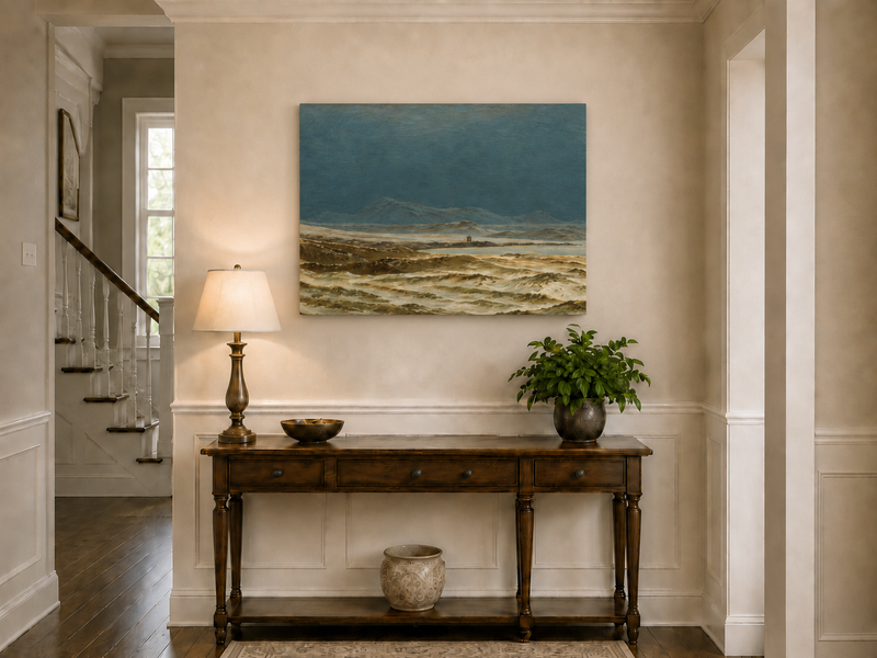 Landscape Oil Painting - Stormy Coastal Dunes, Distant Mountains