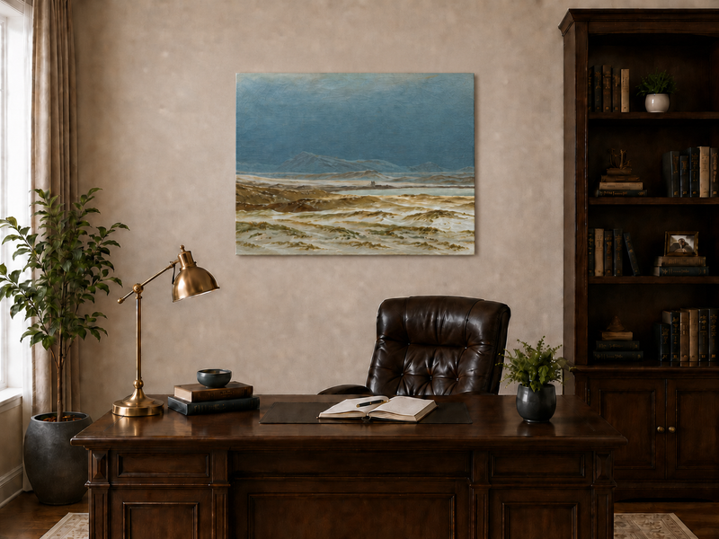 Landscape Oil Painting - Stormy Coastal Dunes, Distant Mountains