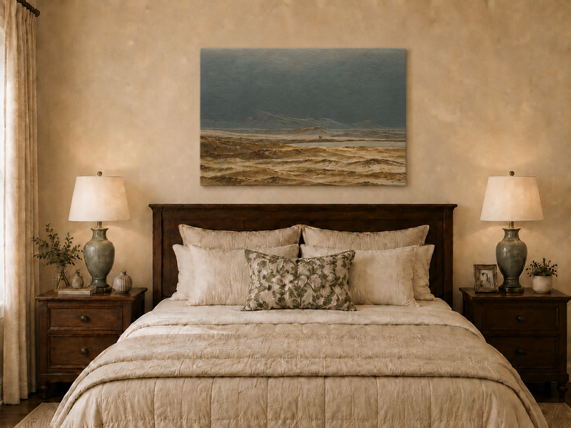 Landscape Oil Painting - Stormy Coastal Dunes, Distant Mountains