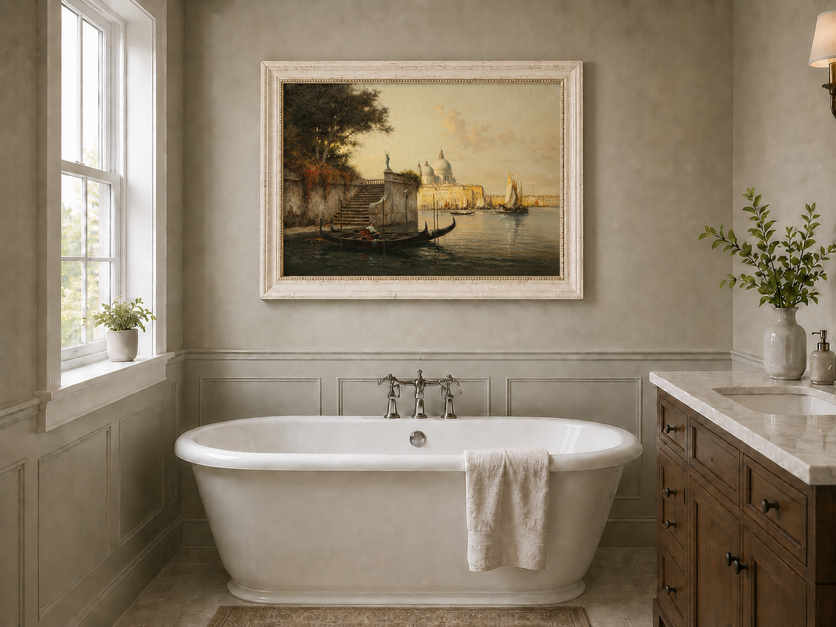 Peinture à l'huile de paysage - Village côtier avec phare et coucher de soleil