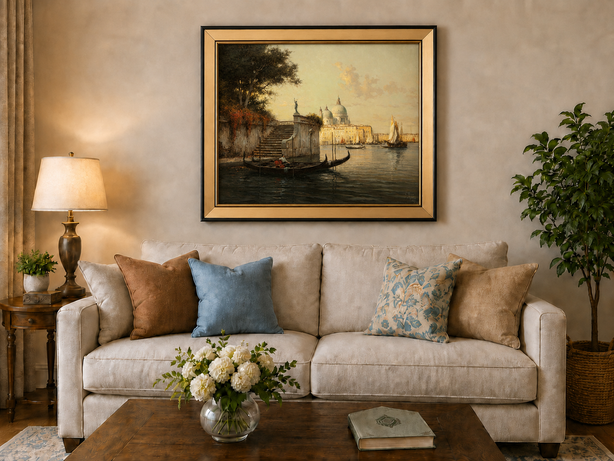 Peinture à l'huile de paysage - Village côtier avec phare et coucher de soleil