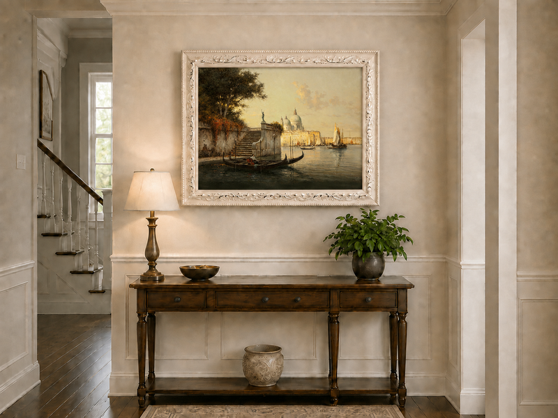 Peinture à l'huile de paysage - Village côtier avec phare et coucher de soleil