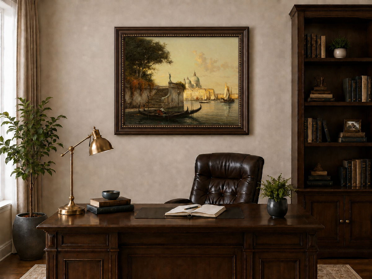 Peinture à l'huile de paysage - Village côtier avec phare et coucher de soleil