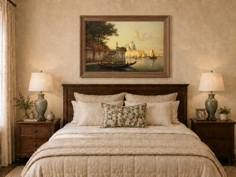 Peinture à l'huile de paysage - Village côtier avec phare et coucher de soleil