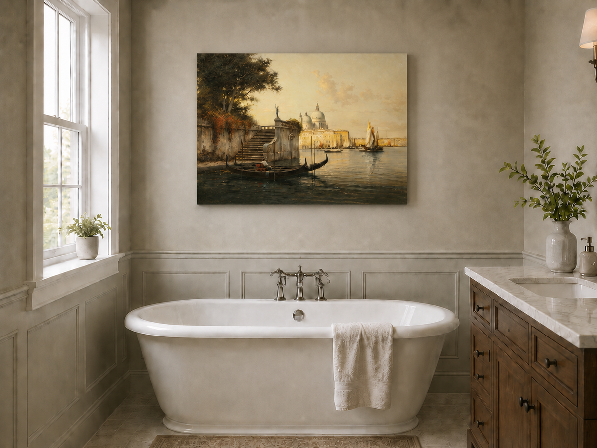 Peinture à l'huile de paysage - Village côtier avec phare et coucher de soleil