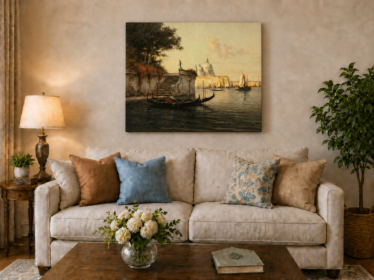 Peinture à l'huile de paysage - Village côtier avec phare et coucher de soleil