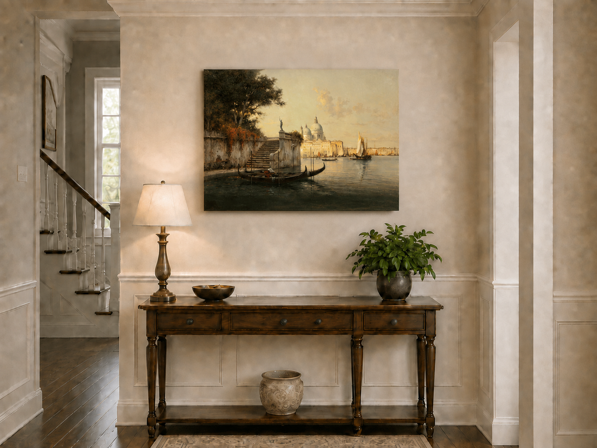 Peinture à l'huile de paysage - Village côtier avec phare et coucher de soleil