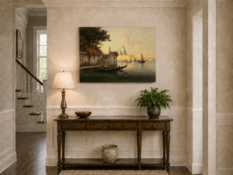 Peinture à l'huile de paysage - Village côtier avec phare et coucher de soleil