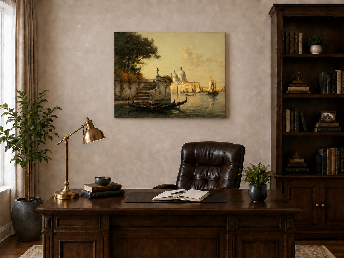 Peinture à l'huile de paysage - Village côtier avec phare et coucher de soleil