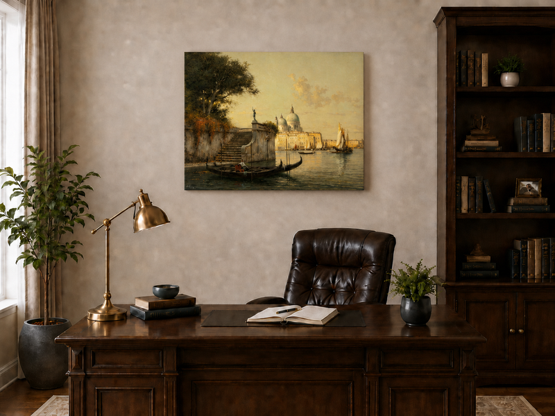 Peinture à l'huile de paysage - Village côtier avec phare et coucher de soleil