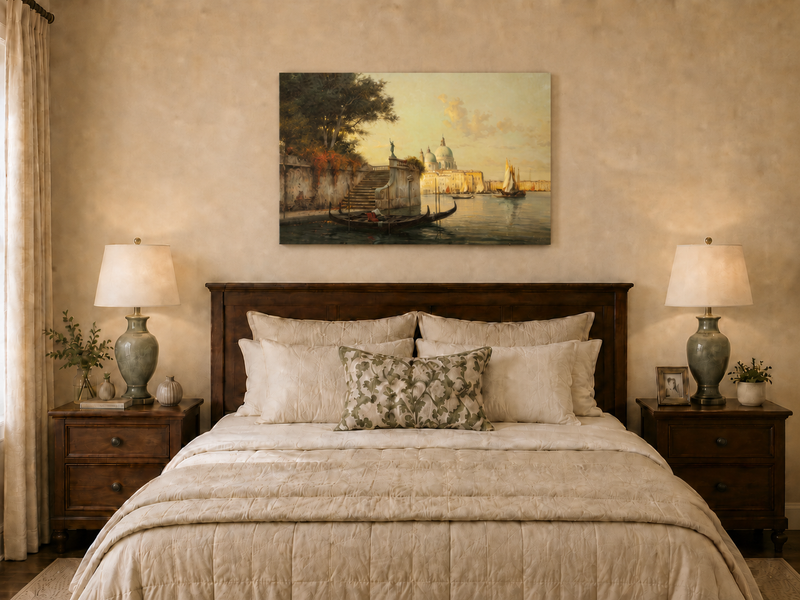 Peinture à l'huile de paysage - Village côtier avec phare et coucher de soleil