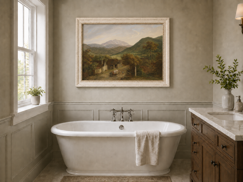 Peinture à l'huile de paysage - Route de village de montagne rustique