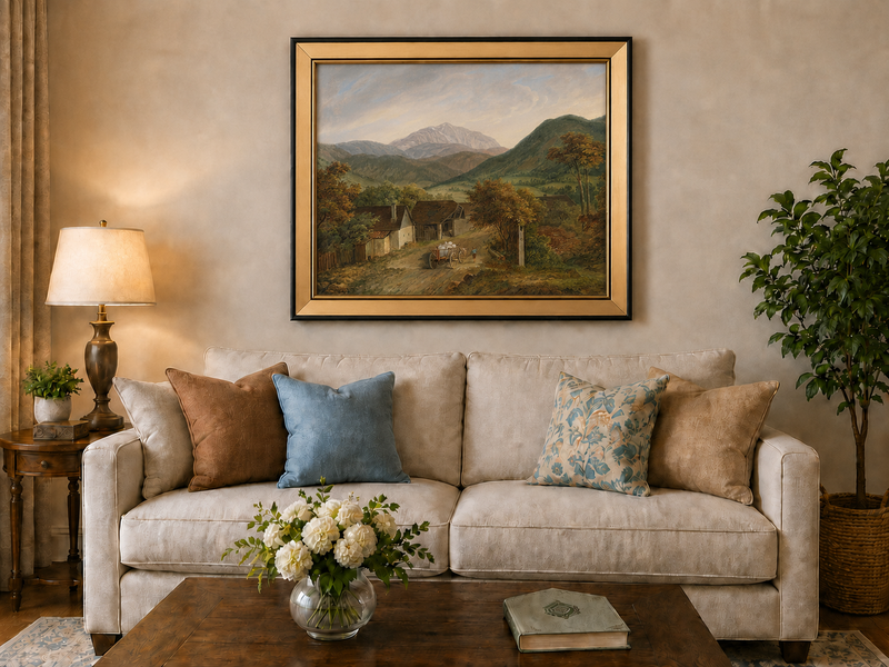 Peinture à l'huile de paysage - Route de village de montagne rustique