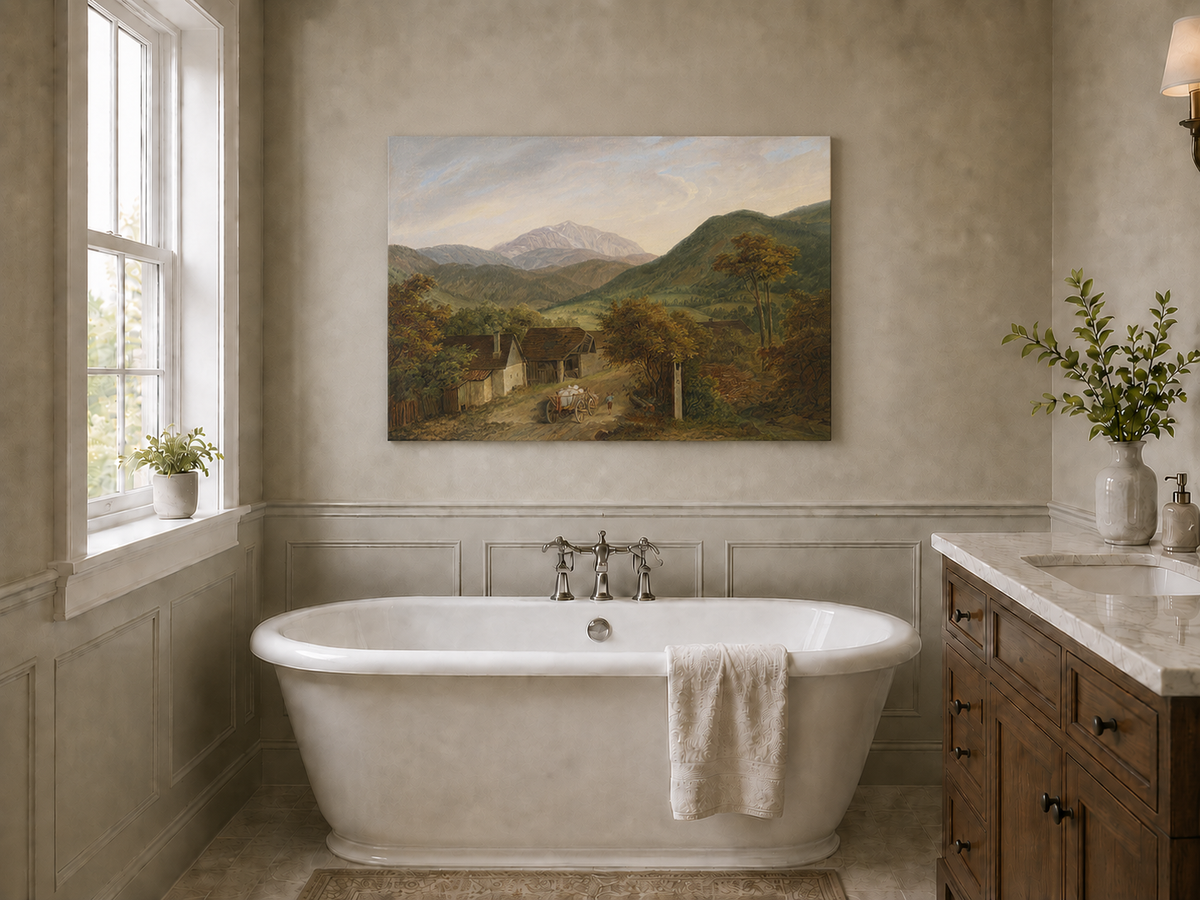 Peinture à l'huile de paysage - Route de village de montagne rustique