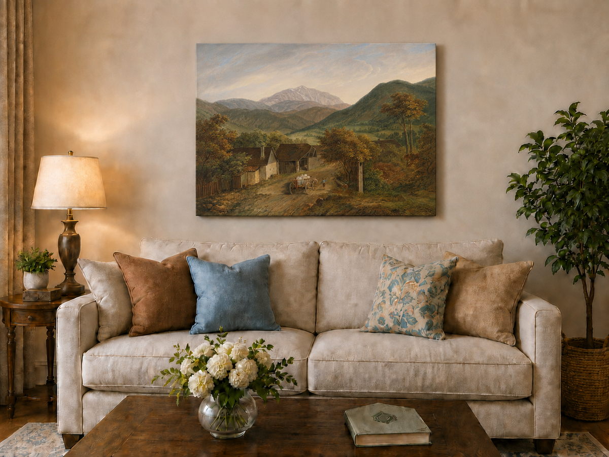 Peinture à l'huile de paysage - Route de village de montagne rustique