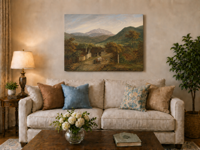 Peinture à l'huile de paysage - Route de village de montagne rustique