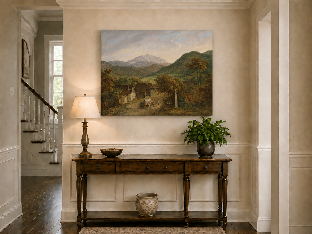 Peinture à l'huile de paysage - Route de village de montagne rustique