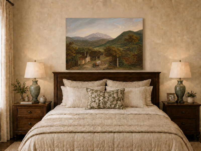 Peinture à l'huile de paysage - Route de village de montagne rustique