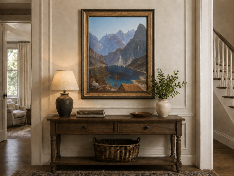 Peinture à l'huile de paysage - lac de montagne, pics déchiquetés et eau turquoise