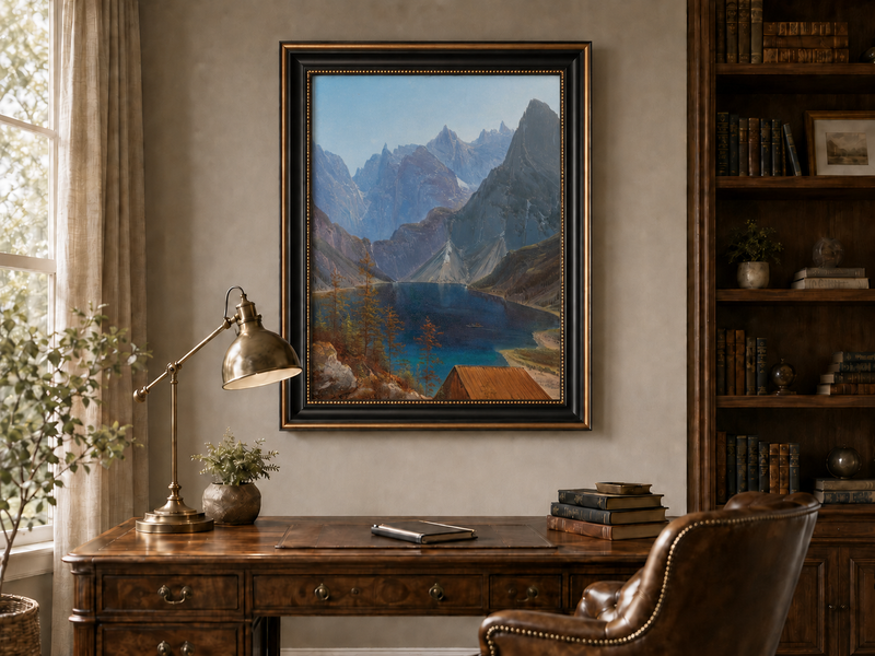 Peinture à l'huile de paysage - lac de montagne, pics déchiquetés et eau turquoise