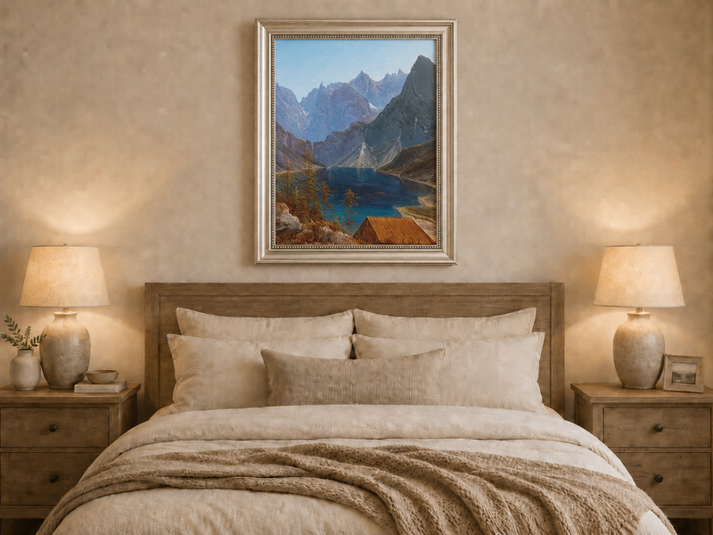 Peinture à l'huile de paysage - lac de montagne, pics déchiquetés et eau turquoise