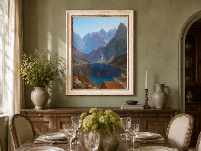 Peinture à l'huile de paysage - lac de montagne, pics déchiquetés et eau turquoise