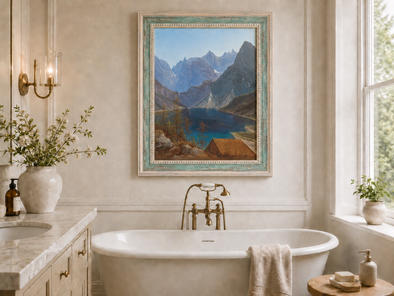 Peinture à l'huile de paysage - lac de montagne, pics déchiquetés et eau turquoise