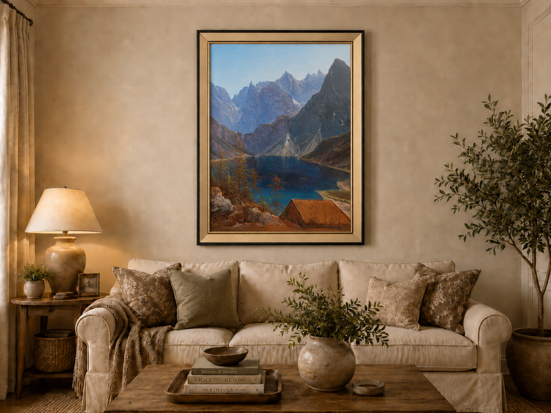 Peinture à l'huile de paysage - lac de montagne, pics déchiquetés et eau turquoise