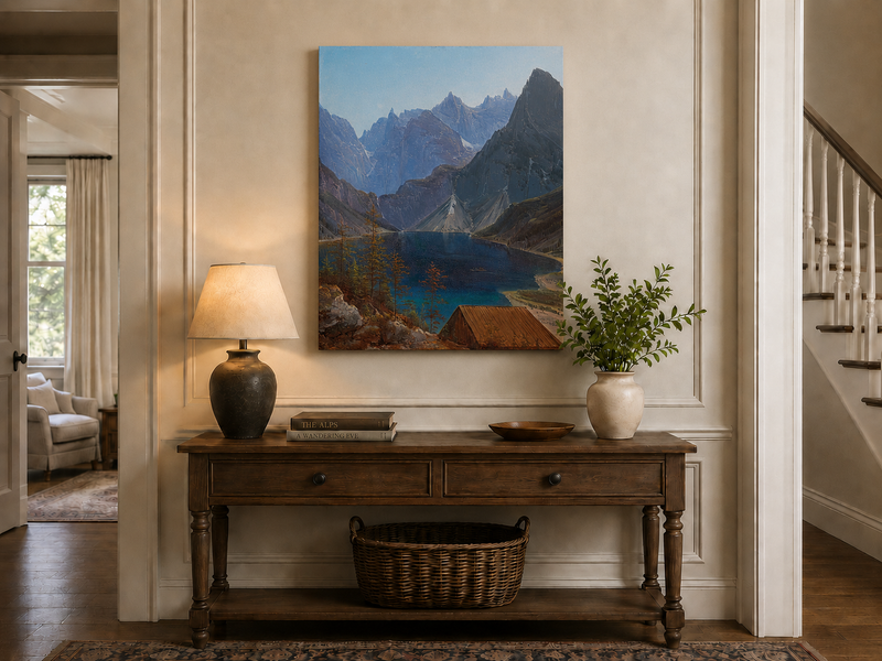Peinture à l'huile de paysage - lac de montagne, pics déchiquetés et eau turquoise