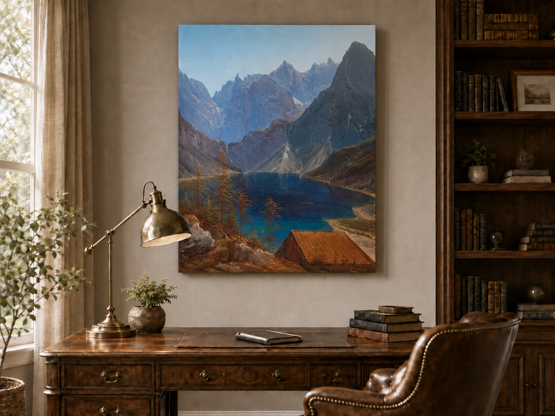 Peinture à l'huile de paysage - lac de montagne, pics déchiquetés et eau turquoise