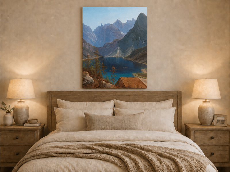 Peinture à l'huile de paysage - lac de montagne, pics déchiquetés et eau turquoise