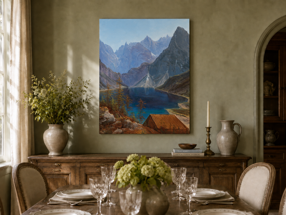 Peinture à l'huile de paysage - lac de montagne, pics déchiquetés et eau turquoise