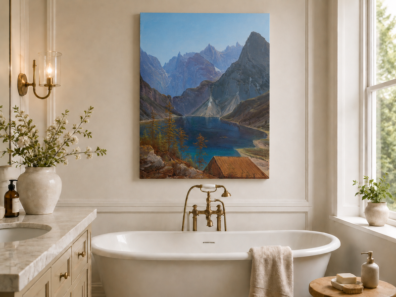 Peinture à l'huile de paysage - lac de montagne, pics déchiquetés et eau turquoise