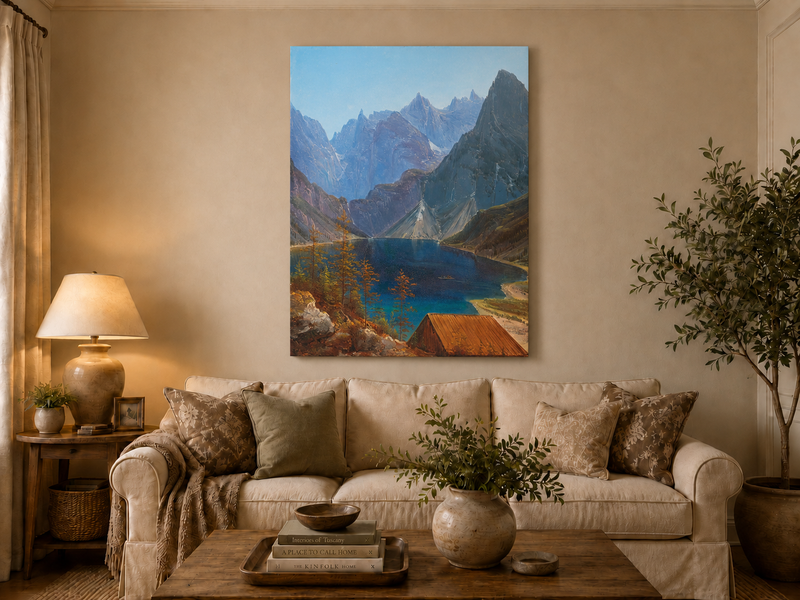 Peinture à l'huile de paysage - lac de montagne, pics déchiquetés et eau turquoise