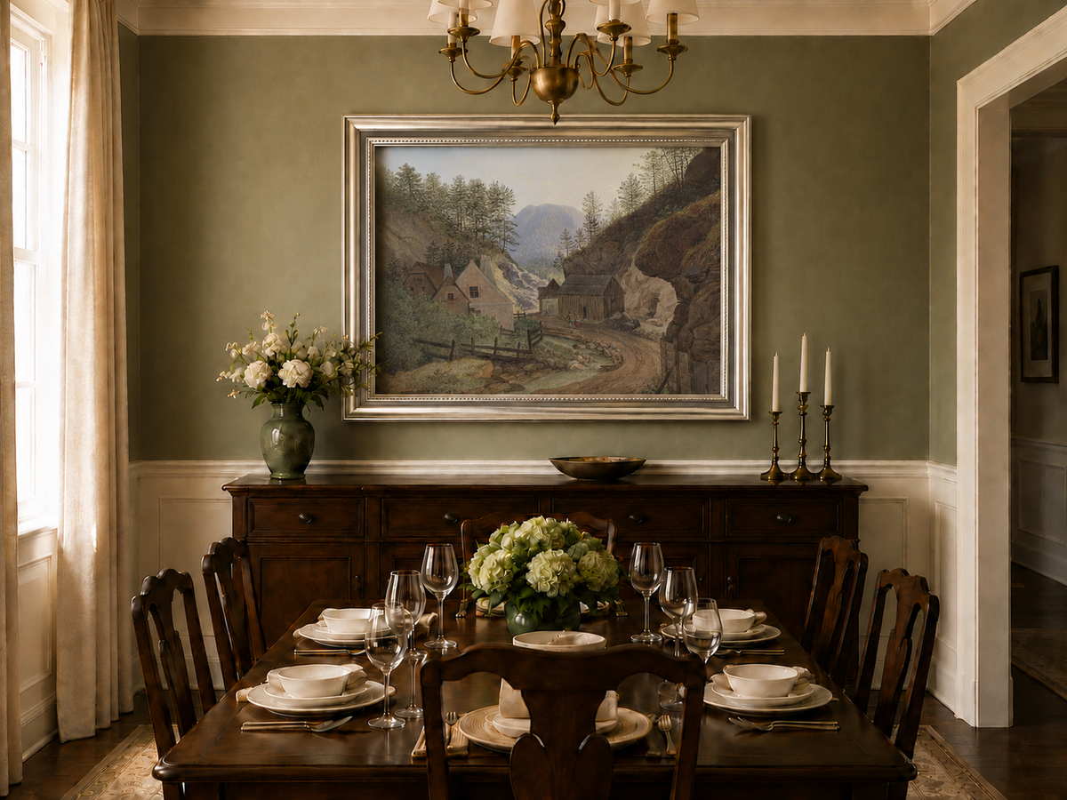 Landscape Oil Painting - Mountain Valley Village & Cottages