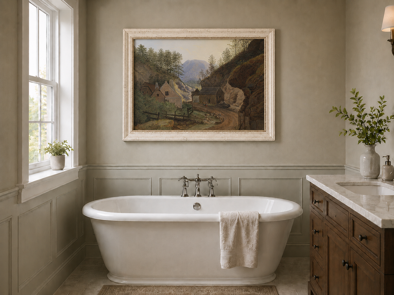 Landscape Oil Painting - Mountain Valley Village & Cottages