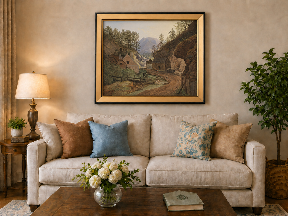 Landscape Oil Painting - Mountain Valley Village & Cottages