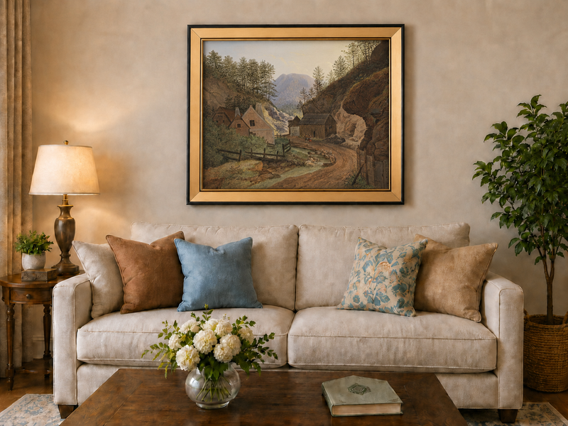 Landscape Oil Painting - Mountain Valley Village & Cottages
