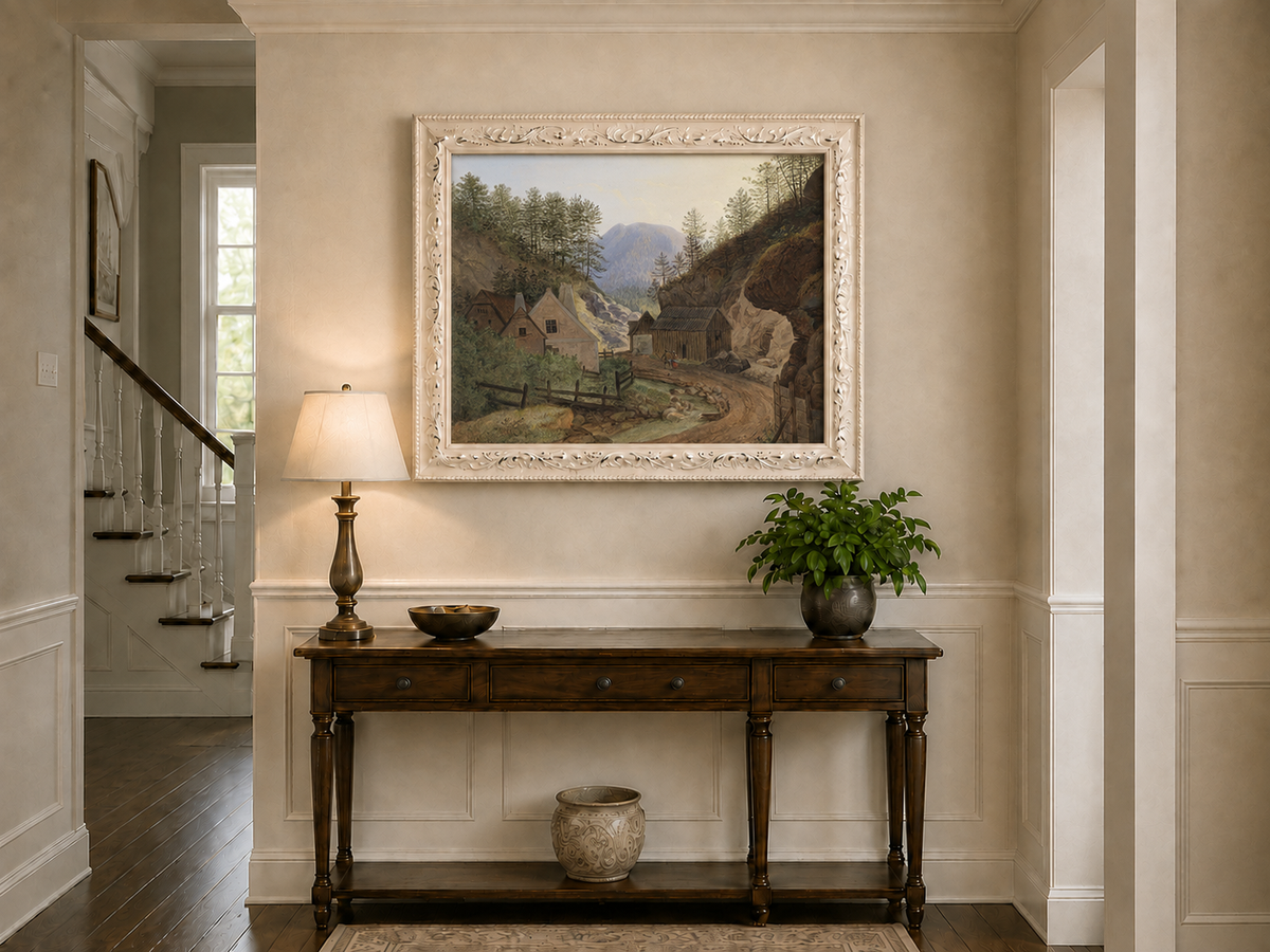 Landscape Oil Painting - Mountain Valley Village & Cottages